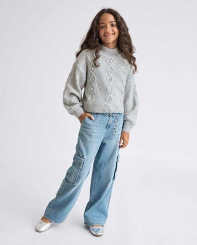 Girls Long Sleeve Faux Pearl Cable Knit Cropped Sweater 5
