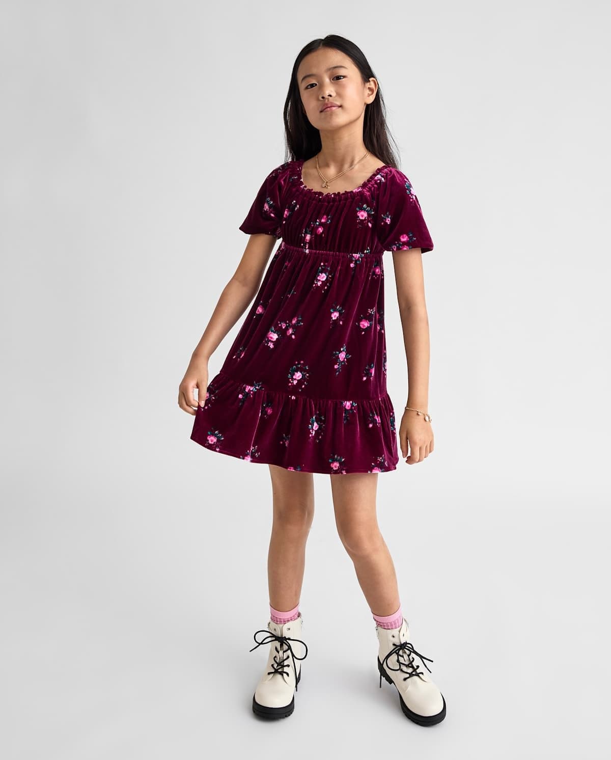 Girls Three Quarter Sleeve Floral Velour Babydoll Dress
