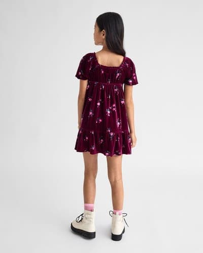 Girls Three Quarter Sleeve Floral Velour Babydoll Dress 3