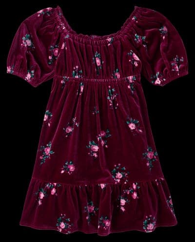 Girls Three Quarter Sleeve Floral Velour Babydoll Dress 2