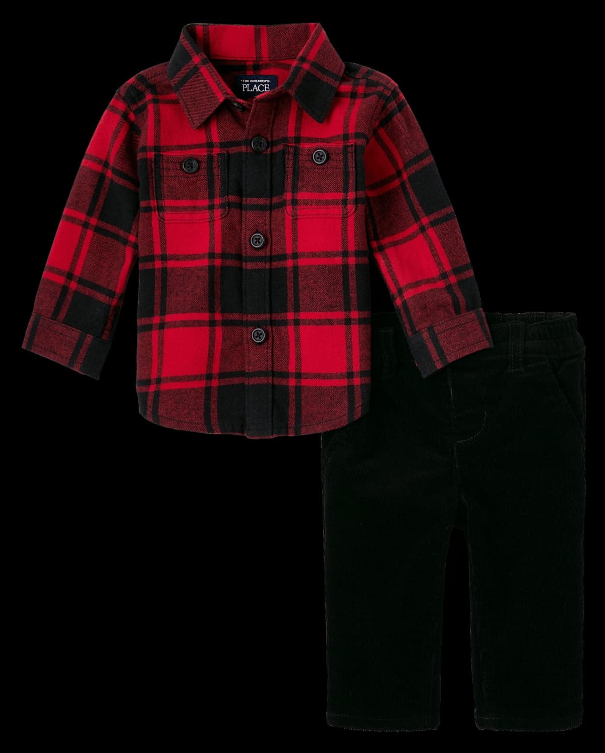 Baby Boys Matching Family Long Sleeve Buffalo Plaid Flannel Button Down Shirt And Woven Corduroy Pants 2-Piece Set