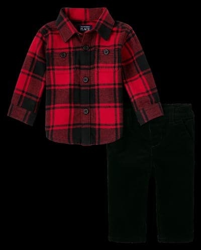 Baby Boys Matching Family Long Sleeve Buffalo Plaid Flannel Button Down Shirt And Woven Corduroy Pants 2-Piece Set 1