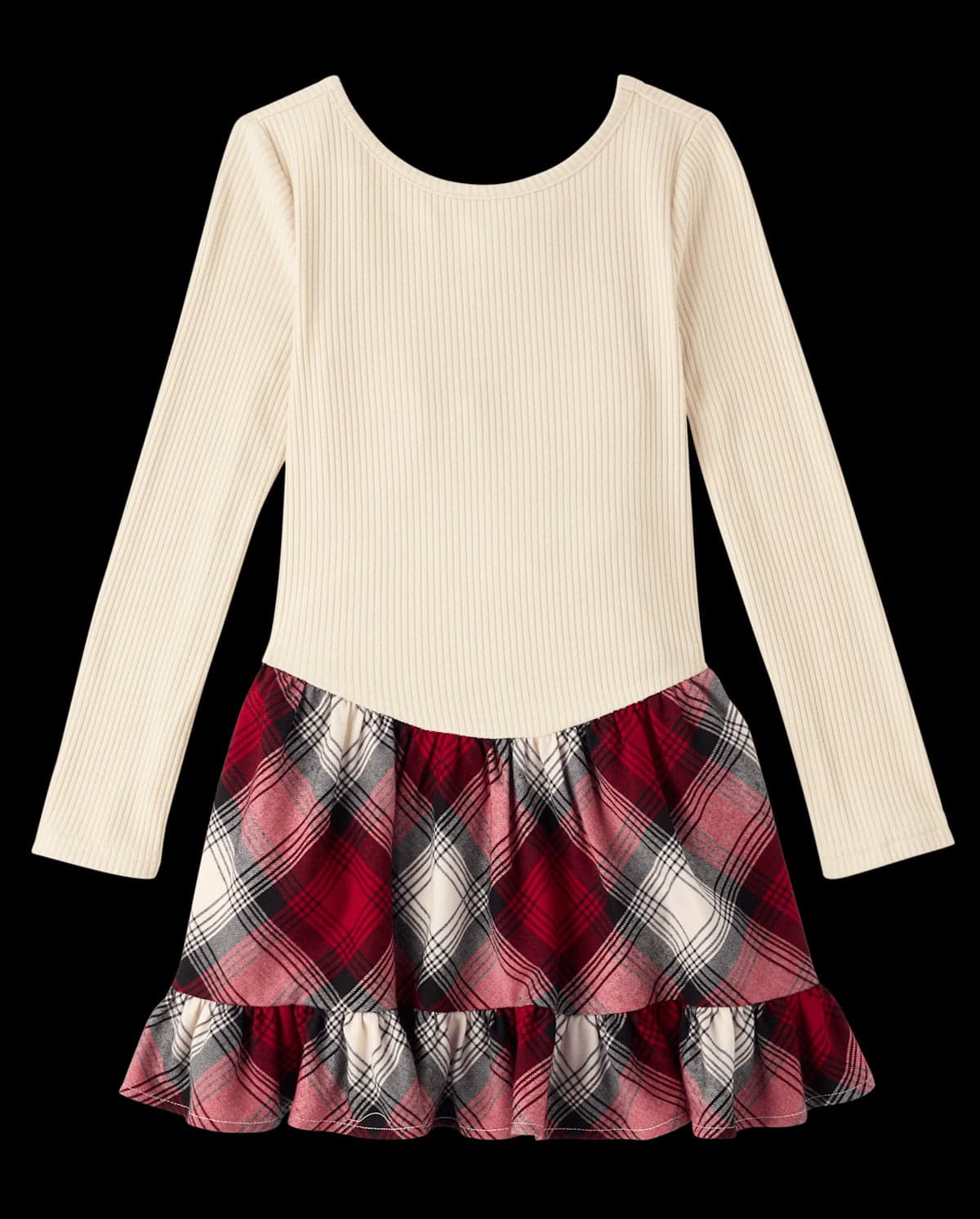 Girls Christmas Long Sleeve Plaid Ribbed Drop Waist Dress