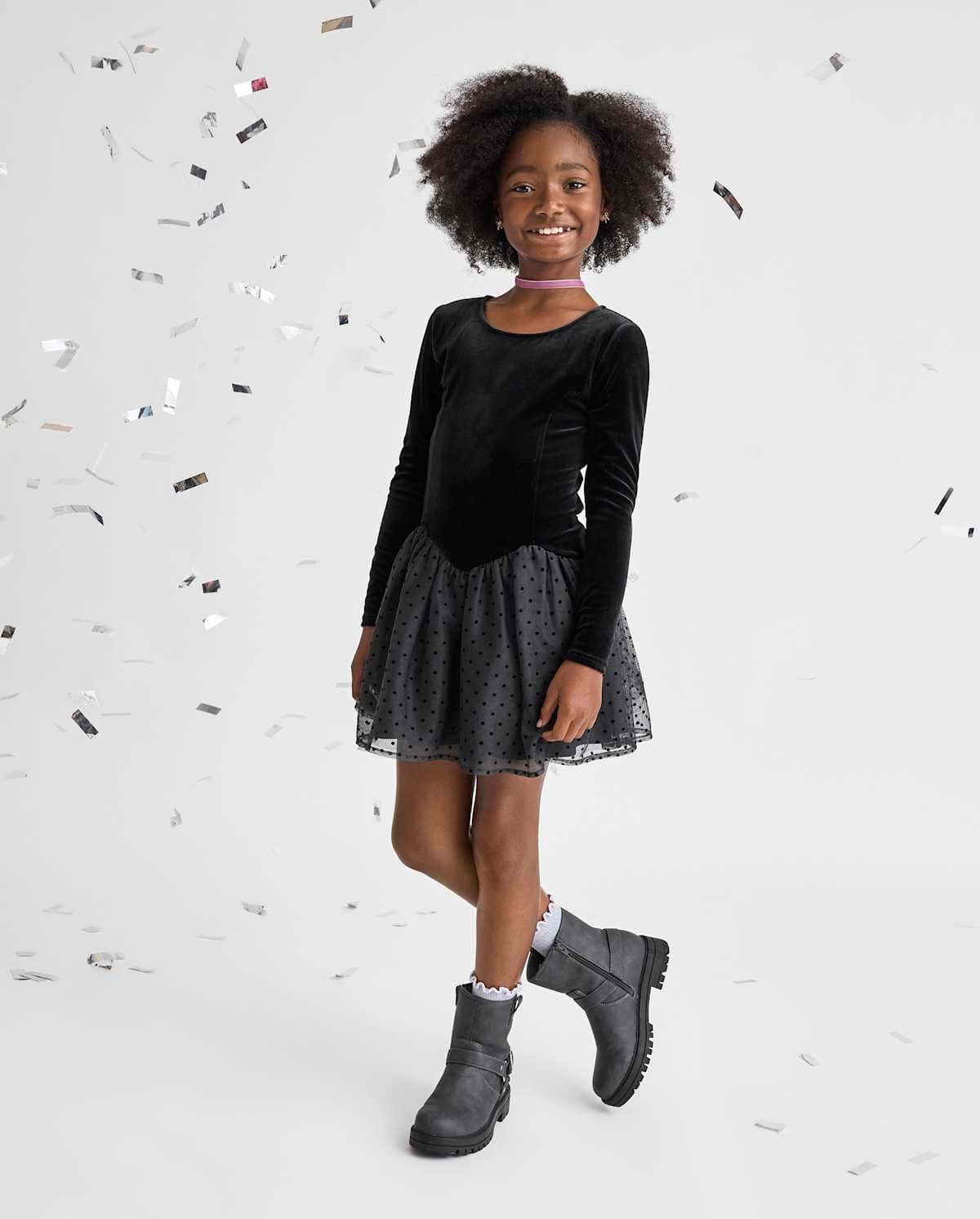 Girls Long Sleeve Flocked Floral Drop Waist Tutu Dress