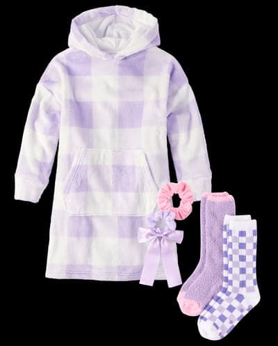 Girls Long Sleeve Gingham Blanket Hoodie Pajamas - Cozy Fleece 3