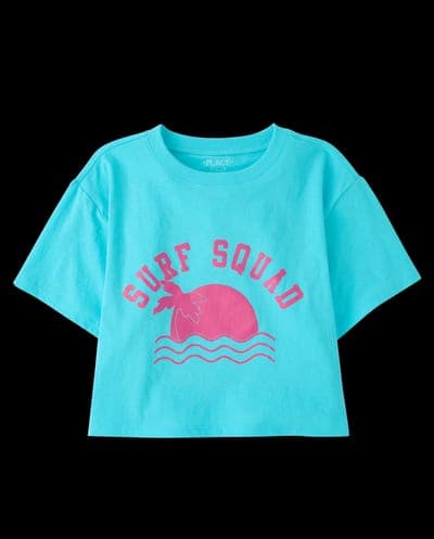 Girls Short Sleeve Surf Squad Relaxed Cropped Graphic Tee 1