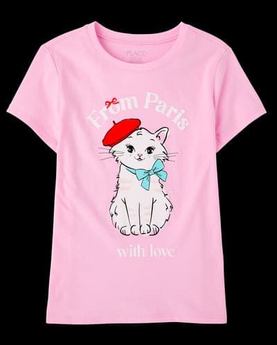 Girls Short Sleeve Paris Cat Graphic Tee 2