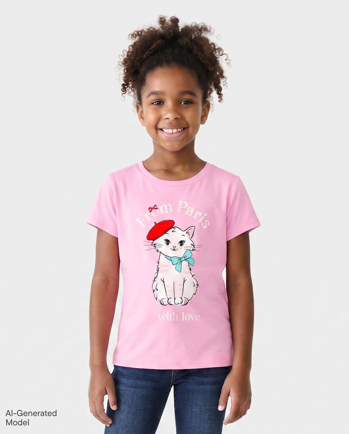 Girls Short Sleeve Paris Cat Graphic Tee