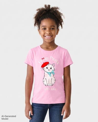 Girls Short Sleeve Paris Cat Graphic Tee 1