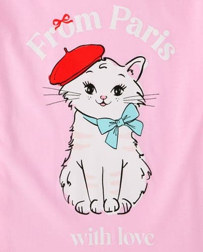 Girls Short Sleeve Paris Cat Graphic Tee 3