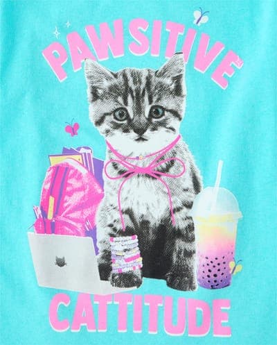 Girls Short Sleeve School Pawsitive Cattitude Graphic Tee 2