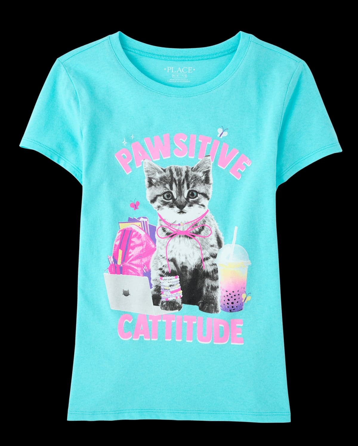 Girls Short Sleeve School Pawsitive Cattitude Graphic Tee