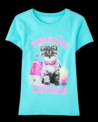 Girls Short Sleeve School Pawsitive Cattitude Graphic Tee 1