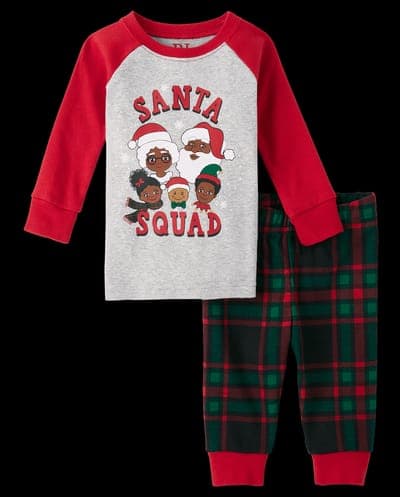 Baby And Toddler Matching Family Christmas Long Raglan Sleeve Santa Squad Snug Fit Cotton Pajamas 1