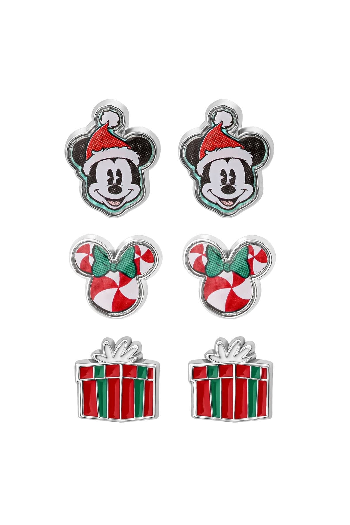 Disney Mickey And Minnie Mouse Holiday Stud Earring Set, Mickey Santa, Peppermint Minnie And Gift Box
