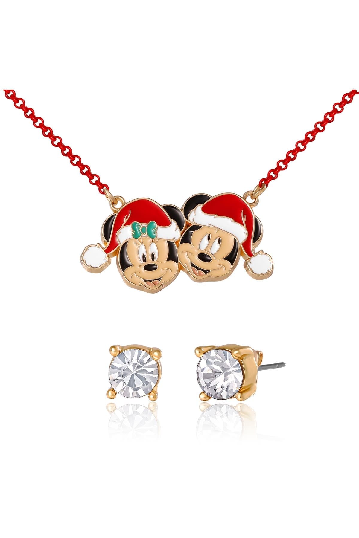 Disney Mickey And Minnie Mouse Santa Necklace And Stud Earrings Set