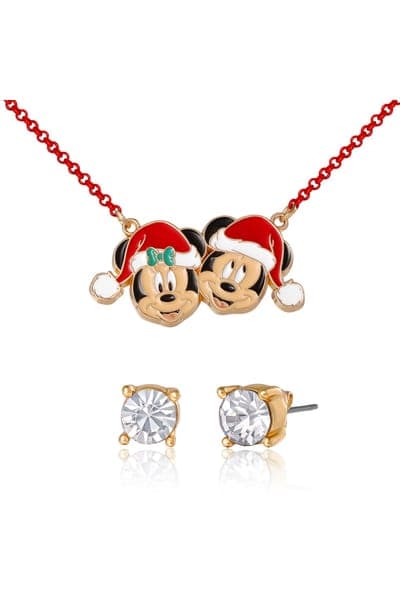 Disney Mickey And Minnie Mouse Santa Necklace And Stud Earrings Set 1
