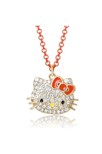 Hello Kitty Pave Pendant Necklace with Neon Red Chain, 16"+ 3" 1