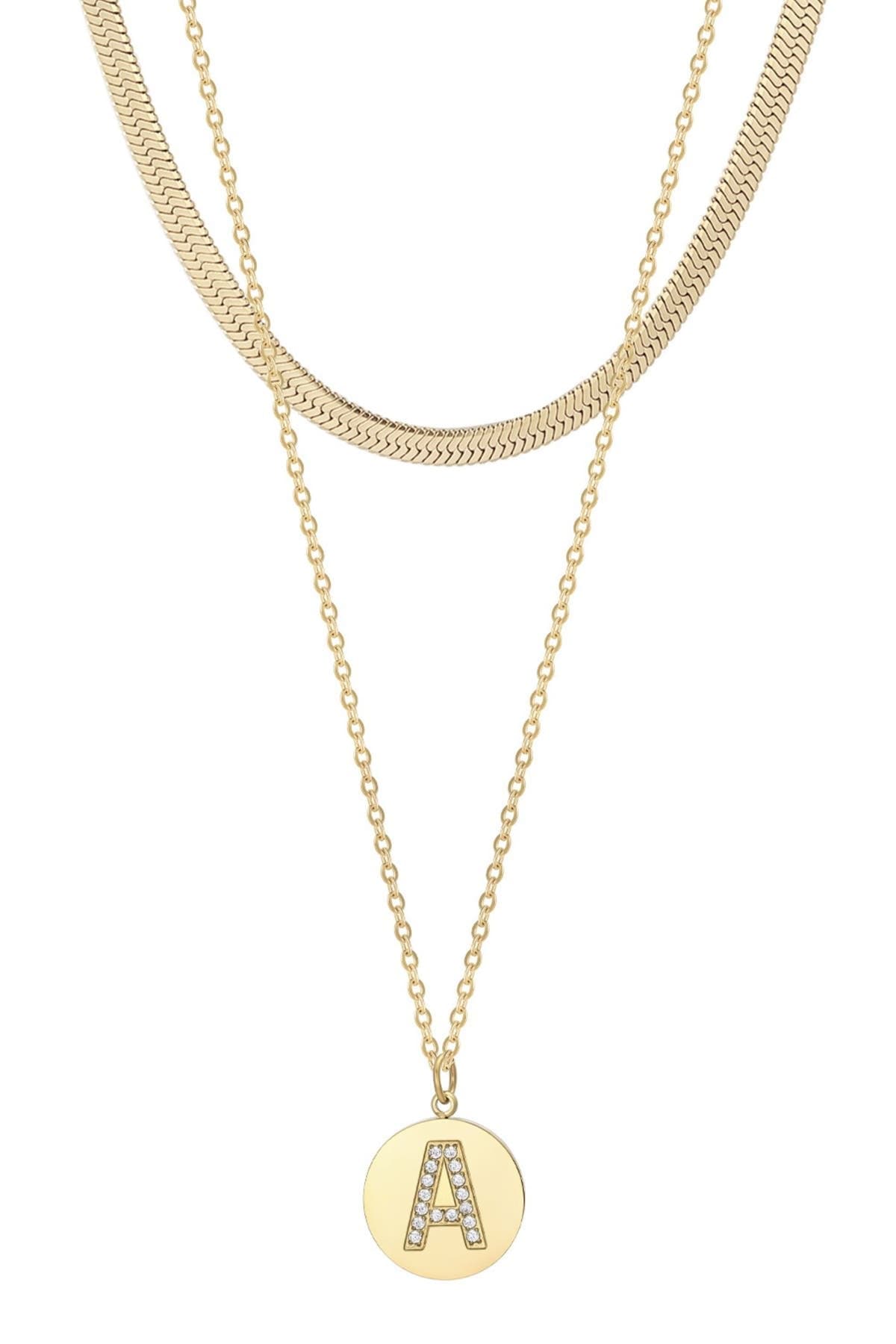 Adornia Set of 2 Initial Pendant & Herringbone Necklaces