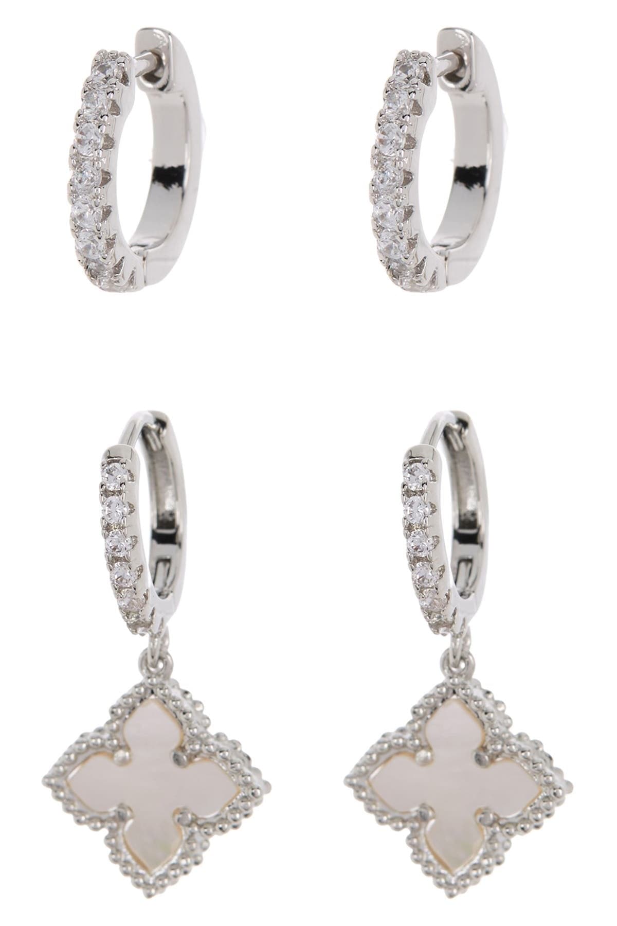 Adornia Swarovski Crystal Huggie Mother-of-Pearl Quatrefoil Drop Earrings Set