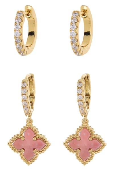 Adornia Swarovski Crystal Huggie Mother-of-Pearl Quatrefoil Drop Earrings Set 4