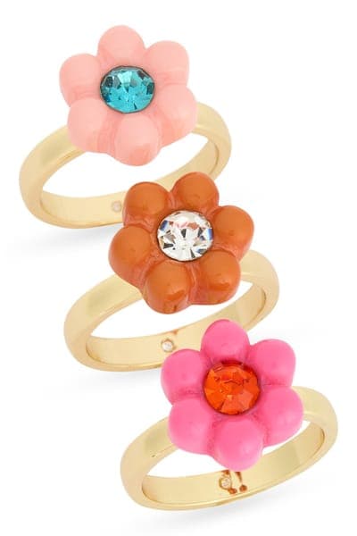 NORDSTROM RACK Set of 3 Crystal & Resin Flower Rings 1