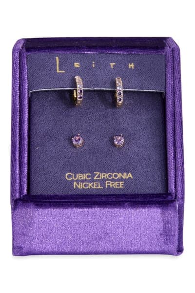 Leith Set of 2 Cubic Zirconia Stud & Huggie Hoop Earrings 13