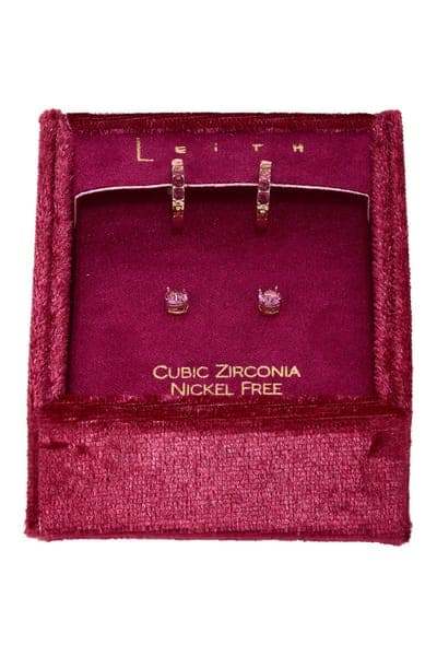 Leith Set of 2 Cubic Zirconia Stud & Huggie Hoop Earrings 16
