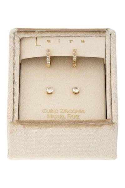 Leith Set of 2 Cubic Zirconia Stud & Huggie Hoop Earrings 22