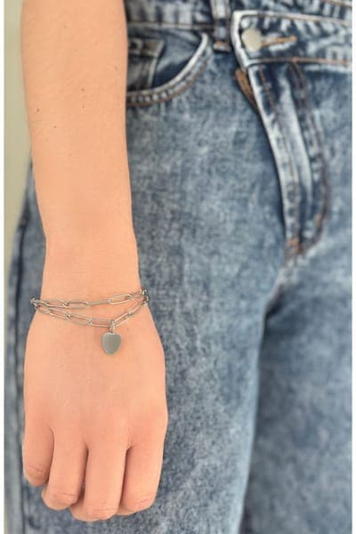Adornia Water Resistant Paperclip Chain Heart Charm Bracelet Set 2