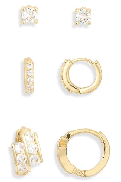 NORDSTROM RACK Set of 3 Cubic Zirconia Stud & Huggie Hoop Earrings 1