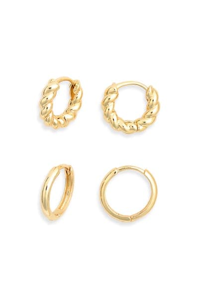 Leith Set of 2 Twisted & Smooth Huggie Hoop Earrings 2