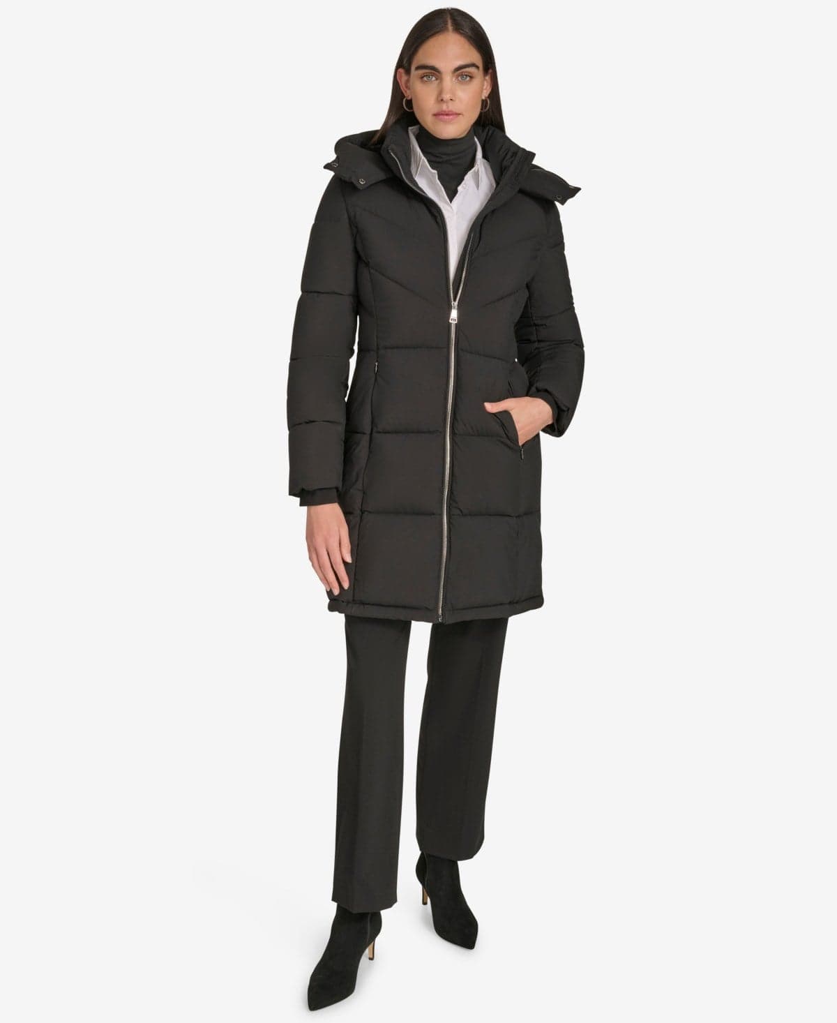 Women's Hooded Stand Collar Puffer Coat — Ebony