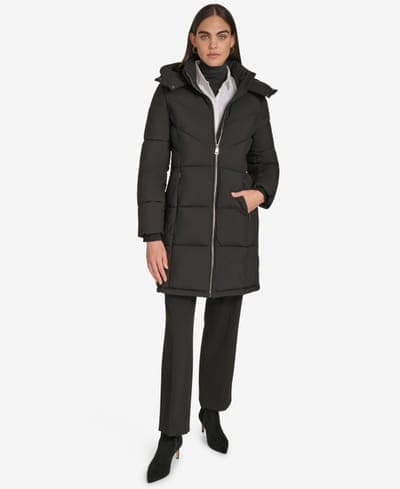 Women's Hooded Stand Collar Puffer Coat — Ebony 1