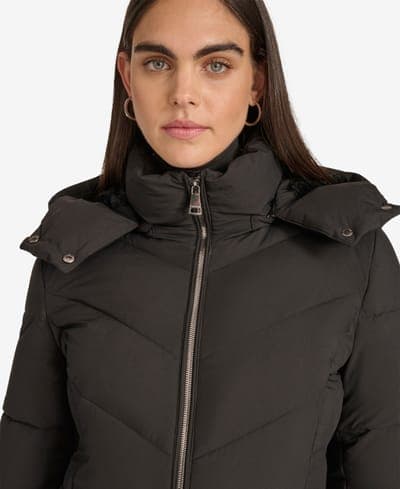 Women's Hooded Stand Collar Puffer Coat — Ebony 6