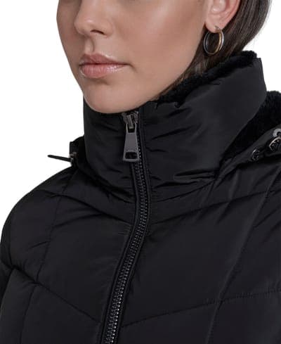 Women's Hooded Stand Collar Puffer Coat — Black 5