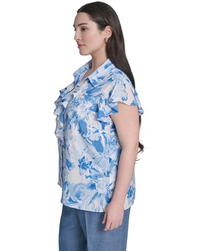 Plus Size Cap-Sleeve Ruffle-Front Collared Top 3