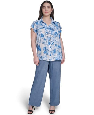 Plus Size Cap-Sleeve Ruffle-Front Collared Top 2