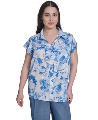 Plus Size Cap-Sleeve Ruffle-Front Collared Top 1