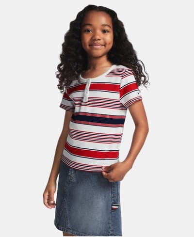 Girls' 7-16 Striped Ribbed Short-Sleeve Top 1