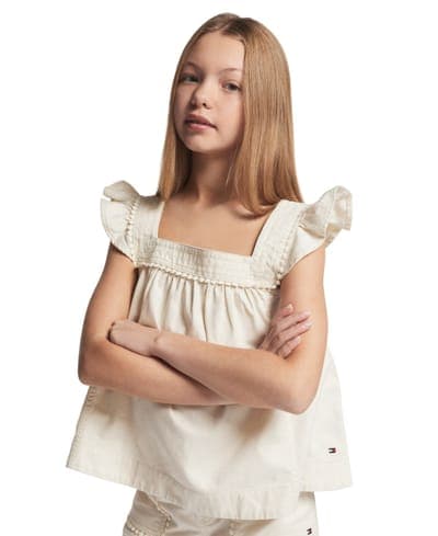 Girls' 7-16 Twill Ruffle-Sleeve Top 1