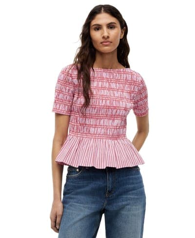 Women's Smocking Striped Boat Neck Cotton Top 1