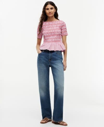 Women's Smocking Striped Boat Neck Cotton Top 2