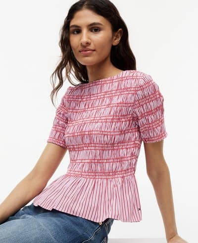 Women's Smocking Striped Boat Neck Cotton Top 3