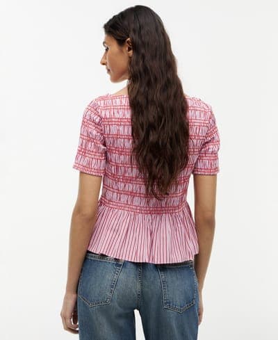 Women's Smocking Striped Boat Neck Cotton Top 4