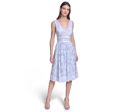 Women's Floral Burnout Cotton Midi with White Piping Dress 1