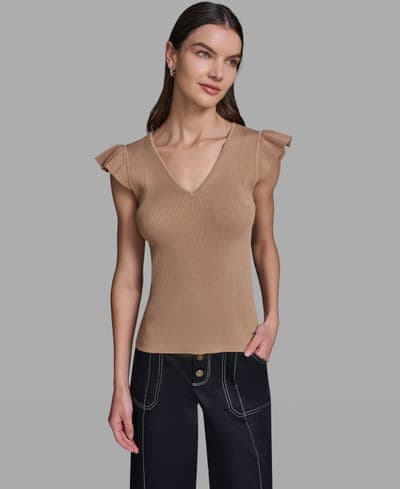Women's V-Neck Flutter Cap-Sleeve Sweater 1