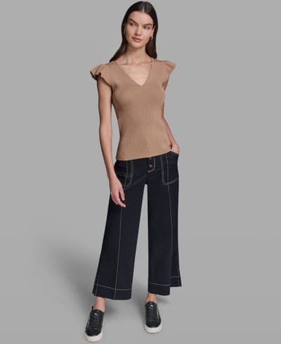 Women's V-Neck Flutter Cap-Sleeve Sweater 2