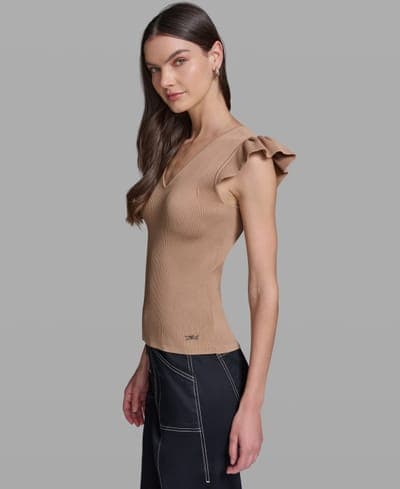 Women's V-Neck Flutter Cap-Sleeve Sweater 3
