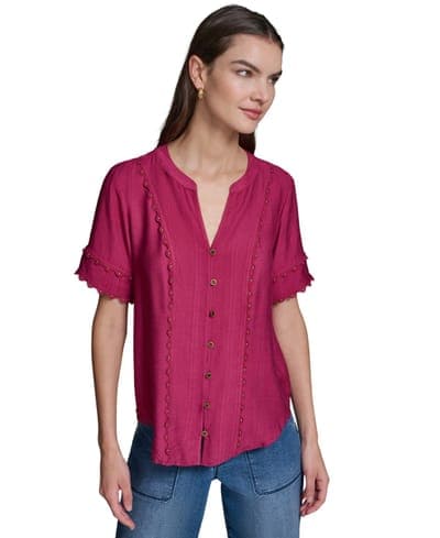 Women's Short-Sleeve Nailhead Trim Woven Top 1